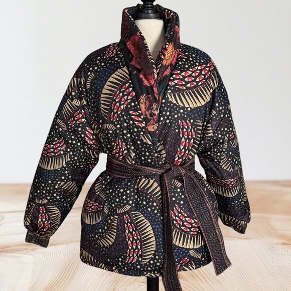 Farm Rio NEW Black Wild Bananas Metallic Reversible Puffer Sz S Jacket 50B $350 - Picture 5 of 16